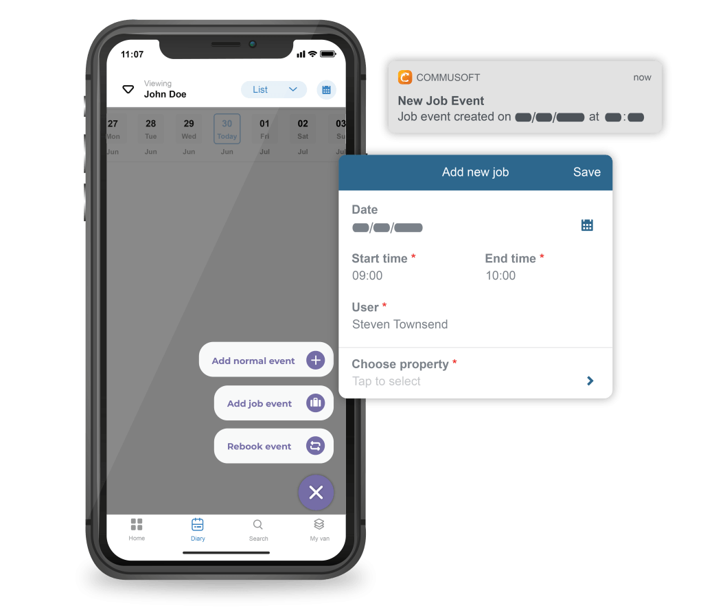 Commusoft mobile app with diary and scheduling features