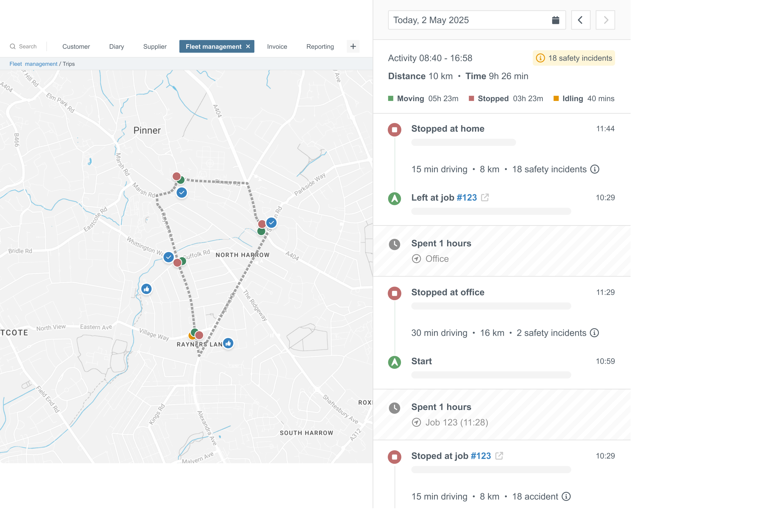 Map displaying the location of a van, highlighting trip history and routes taken during the journey.