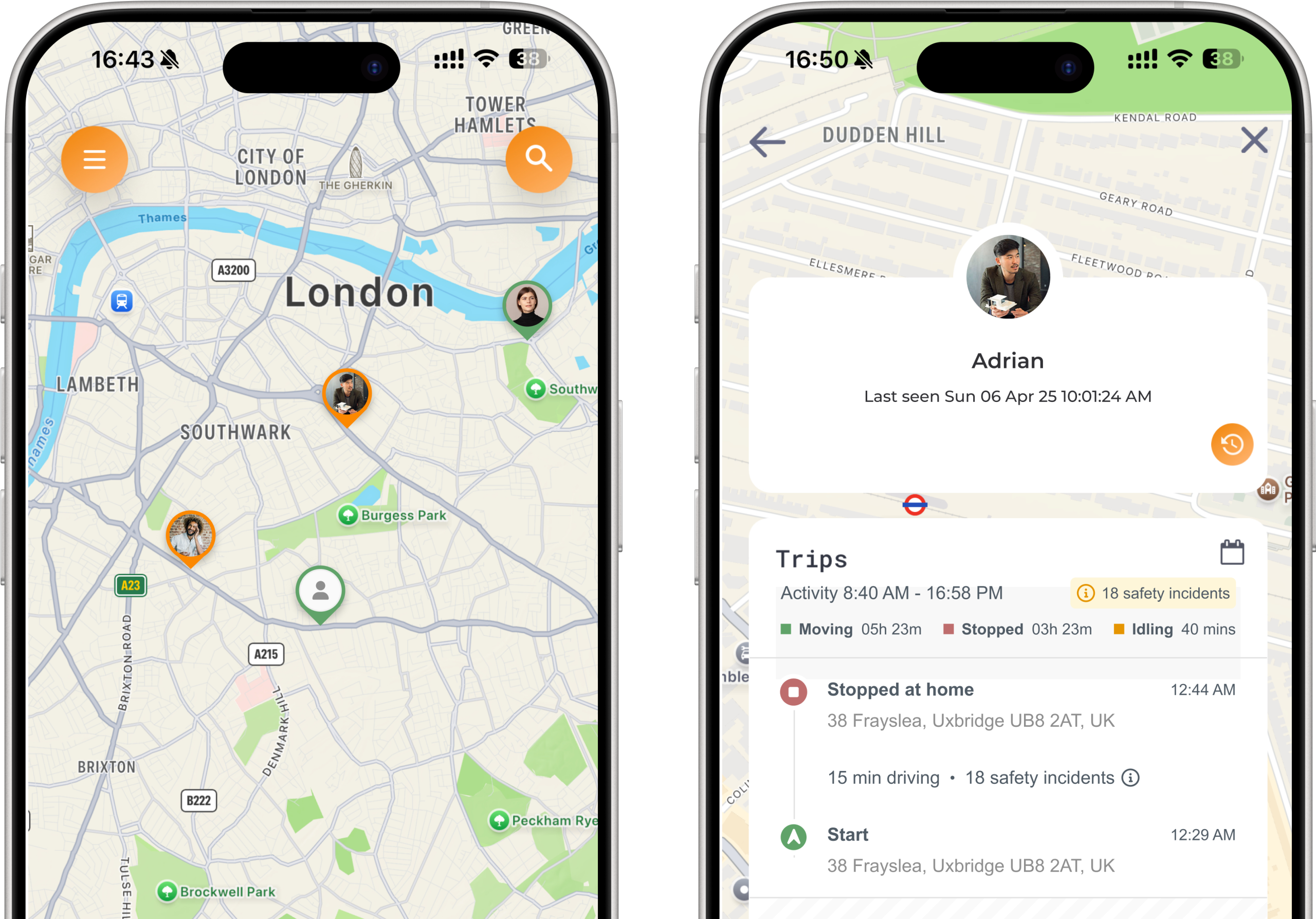 Two iPhones: one shows a map of London with engineers' locations, the other displays an engineer's trip timeline for the day.