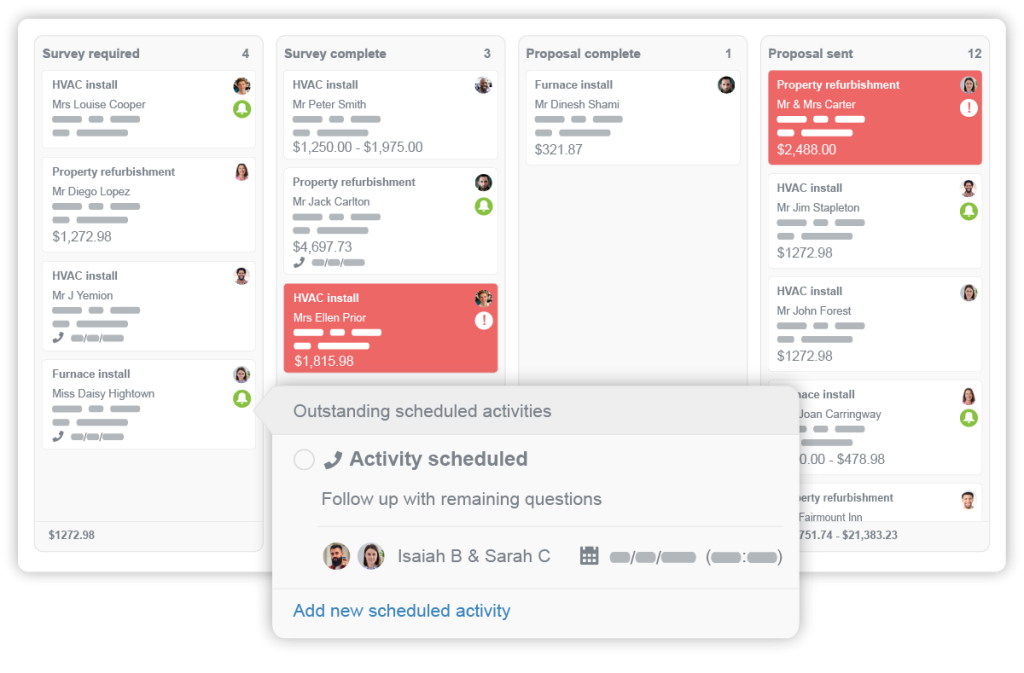 Sales opportunity dashboard showing a scheduled activity for HVAC sales process